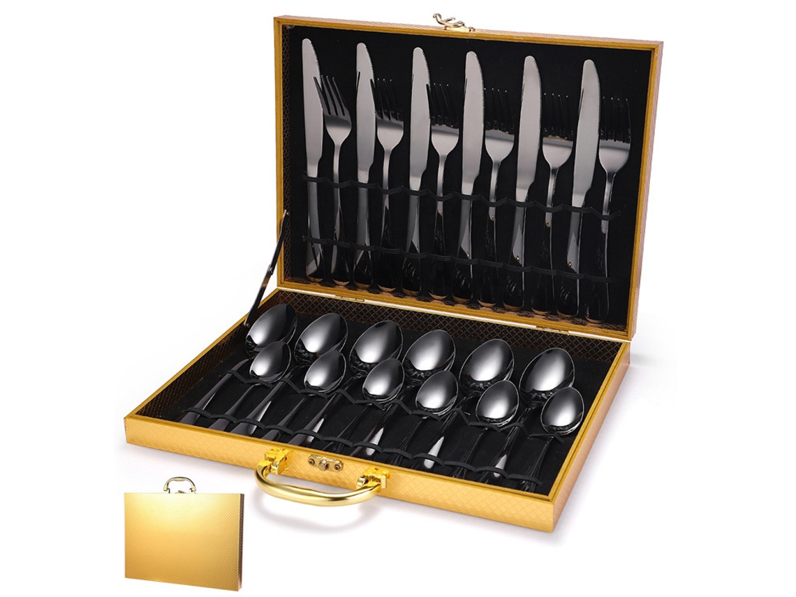 (caja De Madera De 24 Piezas - Negra) Juego De Cubiertos De Acero Inoxidable Con Cuchillos, Tenedores Y Cucharas De Acero Inoxidable