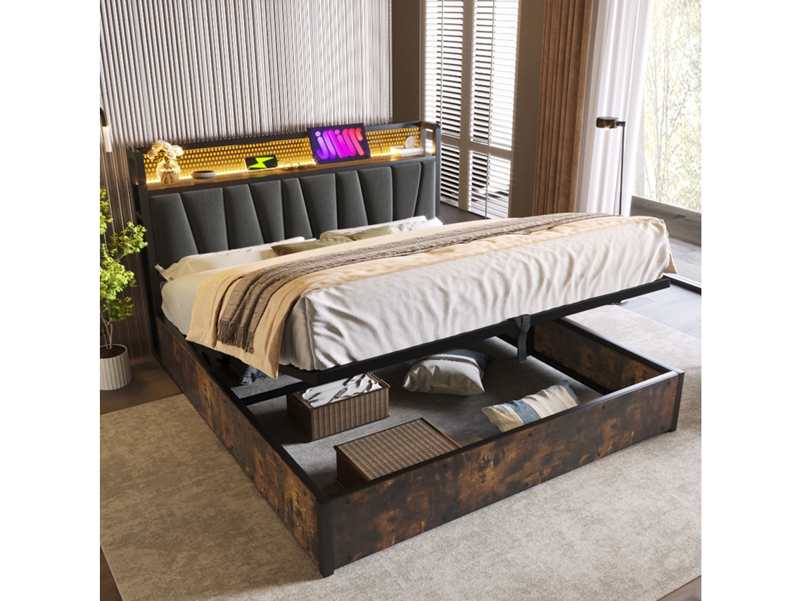 Cama Con Arcón 180x200 Cm En Tejido De Lino - Con Led, Puertos De Carga Y Somier De Láminas - Gris