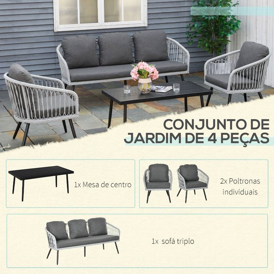 Outsunny Conjunto De muebles juego para 4 piezas mesa café aluminio sofá 3 plazas y 2 sillones cojines terraza exterior 860224 174 70 76