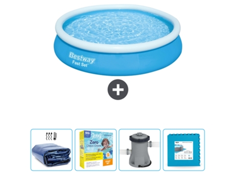 Piscina Hinchable Redonda Fast Set BESTWAY - 366 x 76 cm - Azul - Incluida Vela solar - Paquete de mantenimiento - Bomba - Baldosas