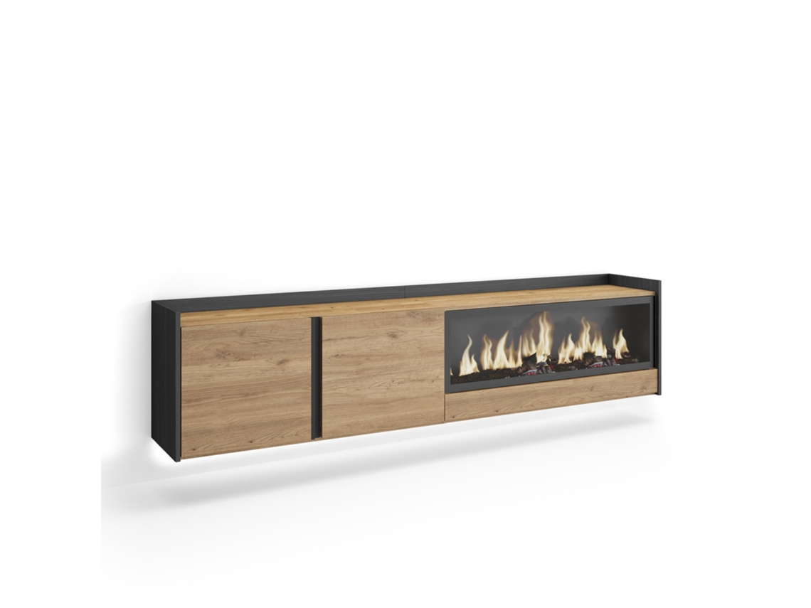 Mueble Tv, Televisión, 212x35x50cm, Para Tv Hasta 80", Chimenea Eléctrica Xxl, Colgado, Suspendido, Led, Roble Y Negro