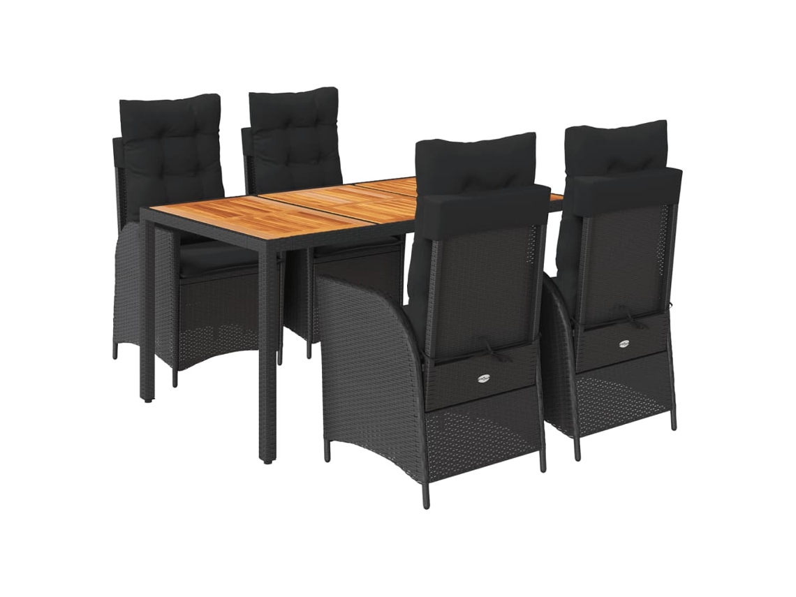 Juego de 5 piezas de comedor de jardín con cojines de mimbre, color negro, EXCLUSIVA DE LA CASA