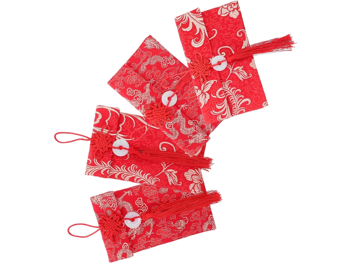4 Sobres Rojos Chinos Bordados Con Dragones Y Fénix