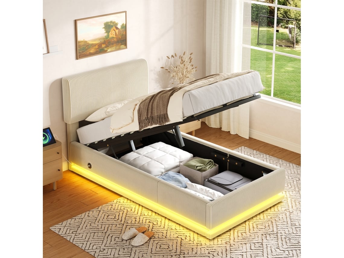 Cama Tapizada De 90x200 Mm Con Cabecero Ajustable Led Usb C Y Pana Beige.