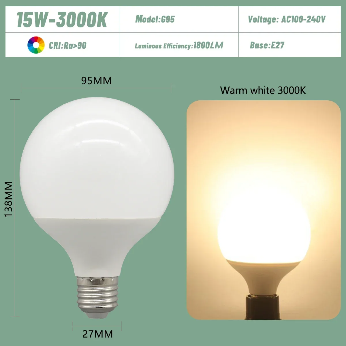 Bombilla Led E27 (15w 3000k, 1 Unidad), De Bajo Consumo, Universal, Para Lámparas De Tocador.