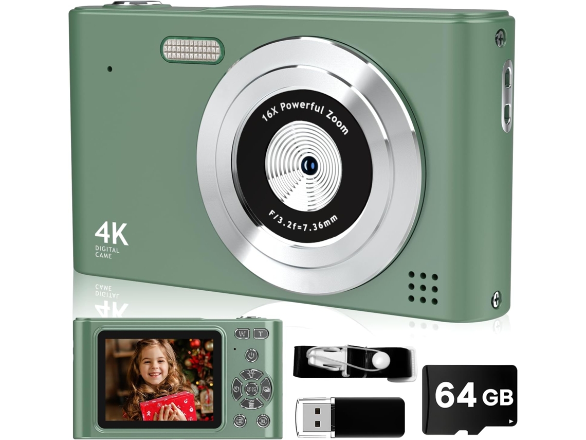 Cámara Compacta Digital De 44 Mp Full Hd 1080p Con Zoom De 16x Y Tarjeta De 64 Gb (verde).