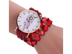 Reloj De Pulsera Étnico Retro Para Mujer Con Correa Multicapa Roja Y Diseño