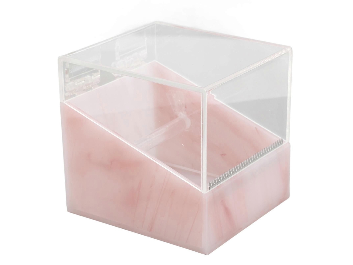 Dispensador de cinta adhesiva para pestañas postizas con 2 compartimentos, cortador de cinta acrílica y tapa transparente con bisagra para salones de belleza.