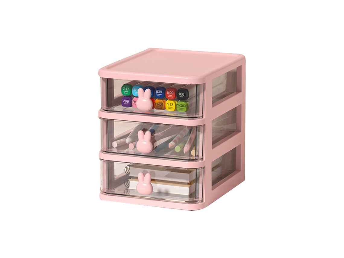 Caja De Almacenamiento De Escritorio De Plástico Transparente De 3 Niveles Con Cajones Pequeños Y Asa, Diseño De Conejo Rosa.