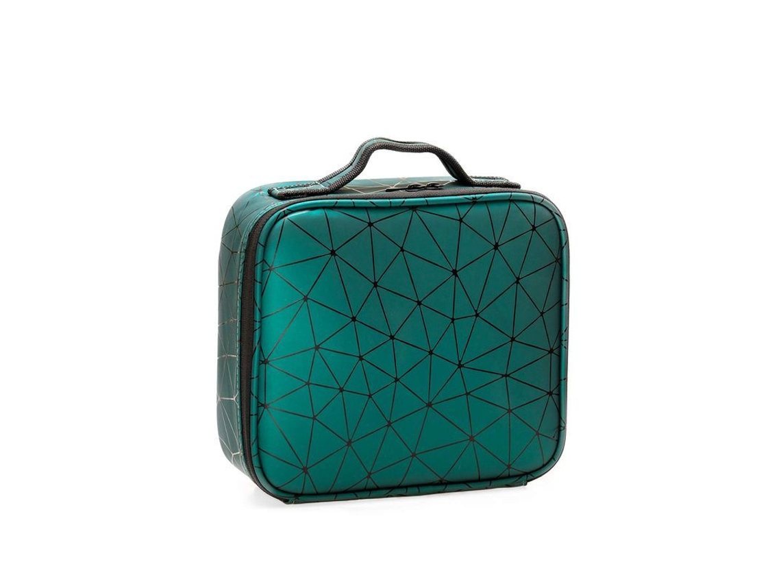 Maleta De Maquillaje De Cuero Pu Organizador Estuche Herramientas Brochas Patrón Diamante Verde Oscuro