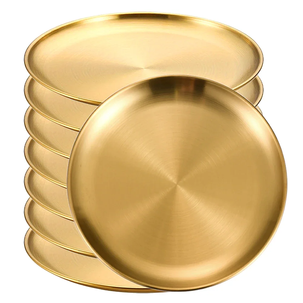 (8pcs, Oro, 20cm) Bandeja Redonda De Acero Inoxidable, Resistente A La Oxidación, Ideal Para Acampar, Barbacoa, Etc.