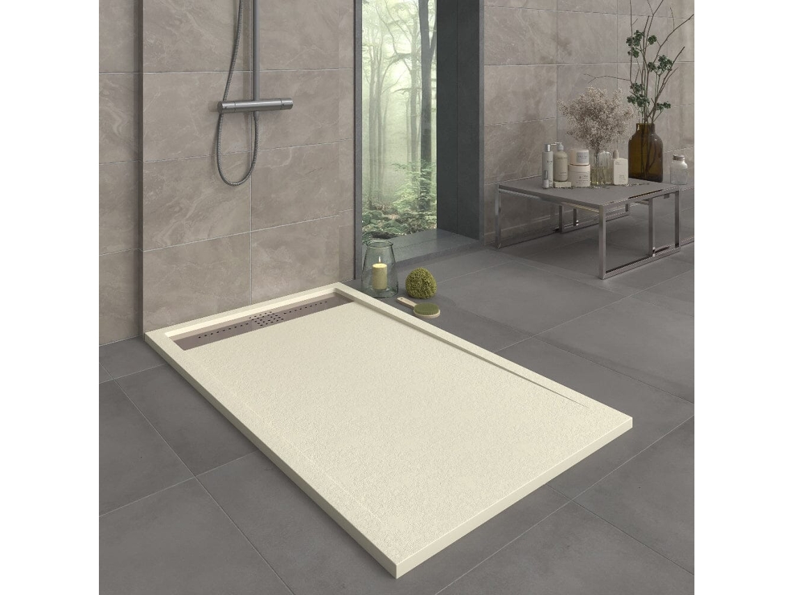 Base de ducha Orion de resina beige de 180x80 cm con rejilla de acero inoxidable RC