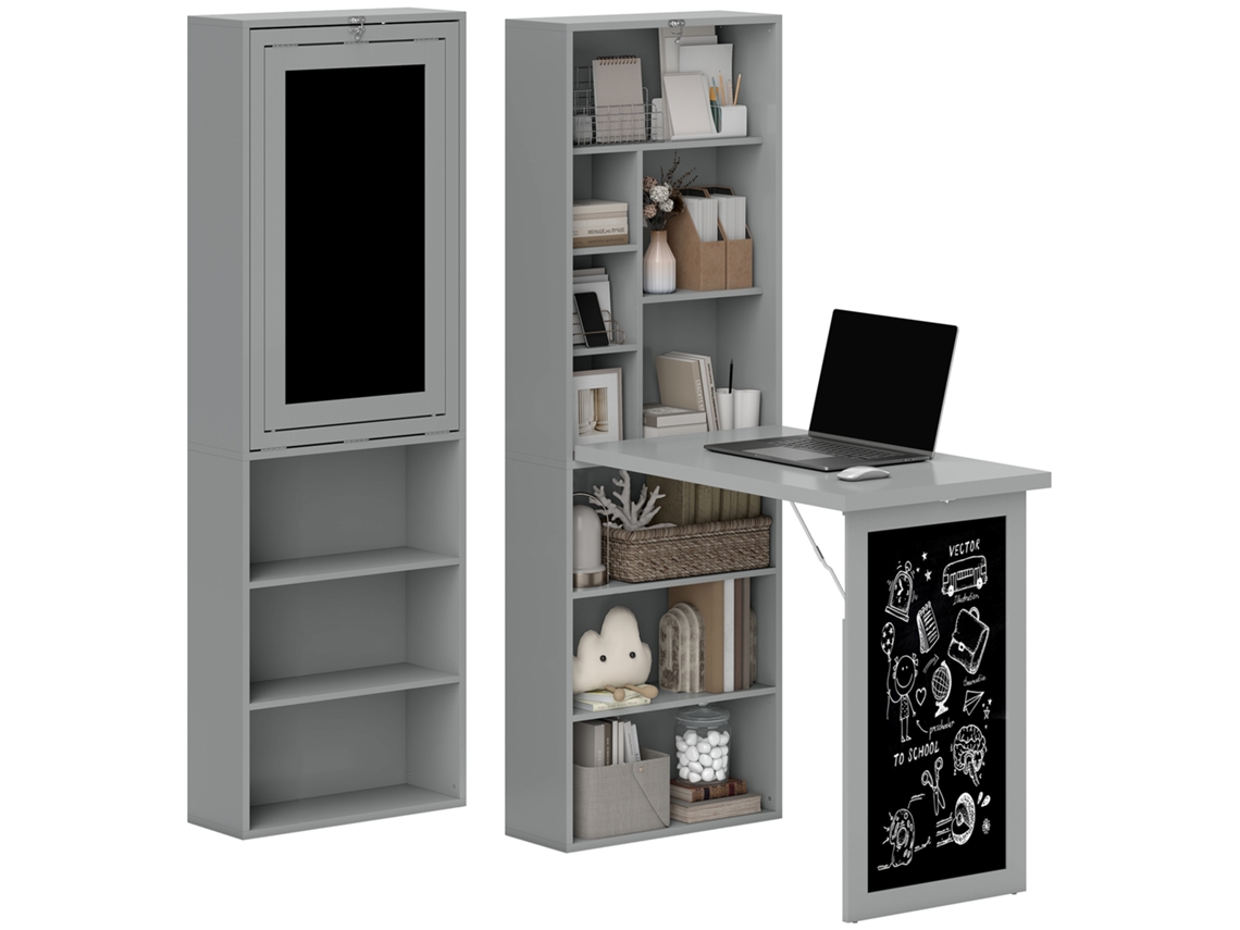 Escritorio Plegable De Pared Con Espacio De Almacenamiento, Estantería, Área De Trabajo, Pizarra Y Estante Ajustable.