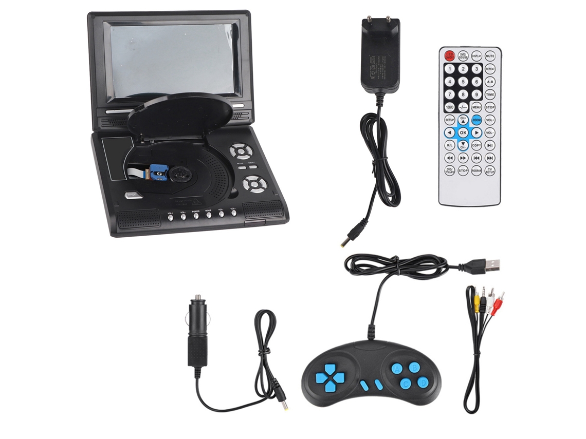 Reproductor De Dvd Portátil De 7 Pulgadas Con Pantalla Giratoria, Batería Recargable, Tv Y Mando De Juegos Para Coche.