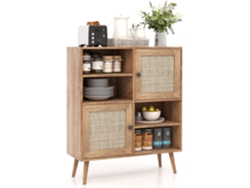 Aparador de Cocina de Rattan, Mueble Buffet Auxiliar con 4 Cubículos y 2 Puertas Decoradas con Rattan, Gabinete Credenza COSTWAY