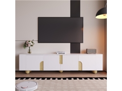 Mueble Tv Blanco 180cm 4 Puertas Efecto Mármol Patas Madera Salón