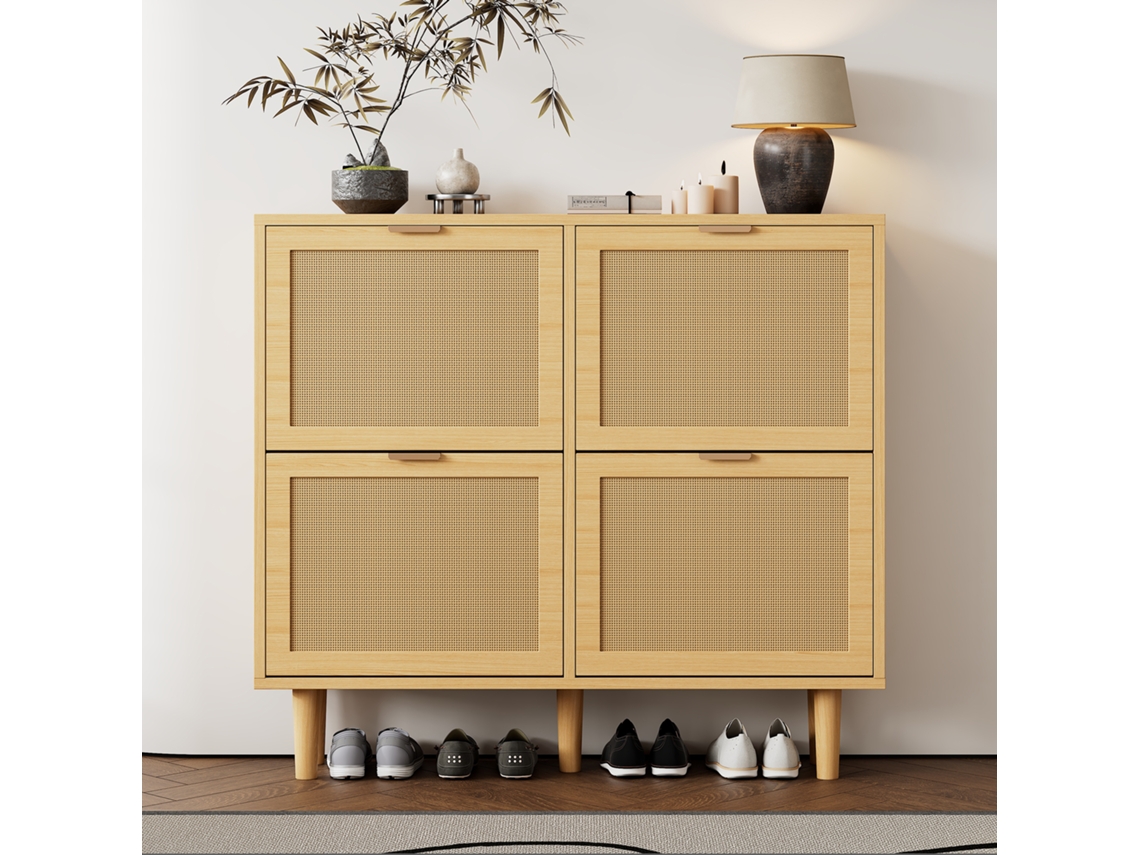 Zapatero de madera y ratán con 4 puertas batientes, estilo natural