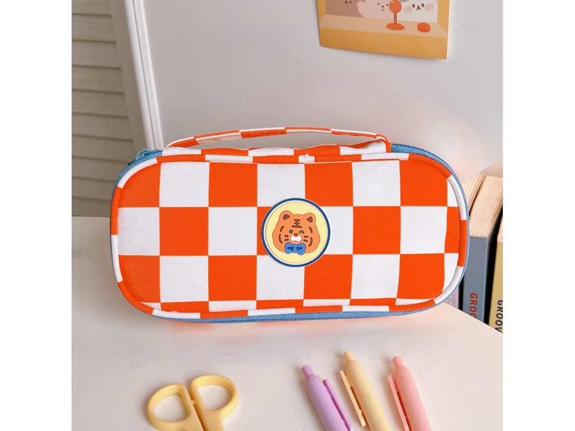 Estuche De Lápices Cute De Gran Capacidad Con Apertura Grande Y Almacenamiento Clasificado Naranja Blanco Grid Tiger