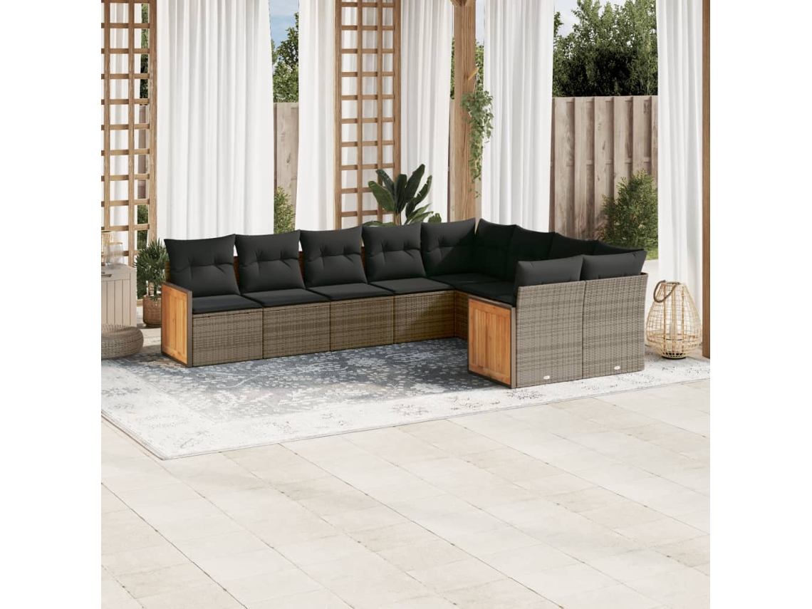 Conjunto de sofá de jardín de 9 piezas con cojines, mimbre gris, DKD Home Decor