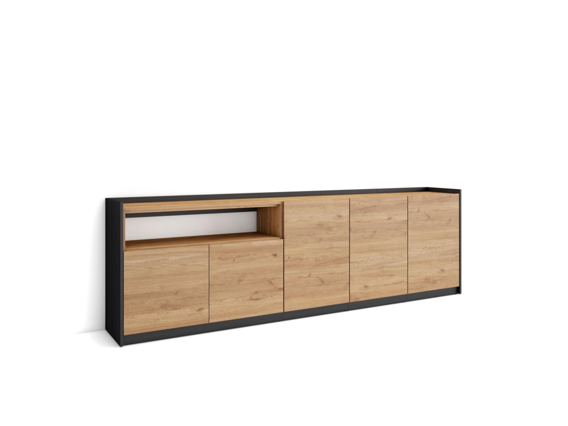 Aparador de comedor, 260x37x80cm, 5 puertas, armario de almacenamiento, roble y negro.