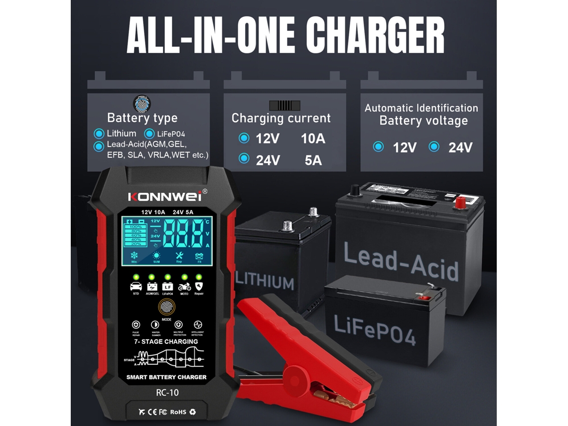 Cargador de batería automático inteligente Konnwei de 12 V, 10 A y 24 V, 5 A, herramienta de reparación de refuerzo, 100-240 V/50-60 Hz