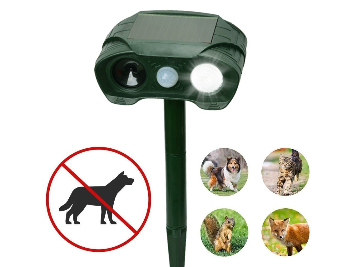 MEOIRUERY Repelente Ultrasónico para Animales Solar Impermeable con Flash y Batería para Perros, Gatos, Ardillas, Ratones