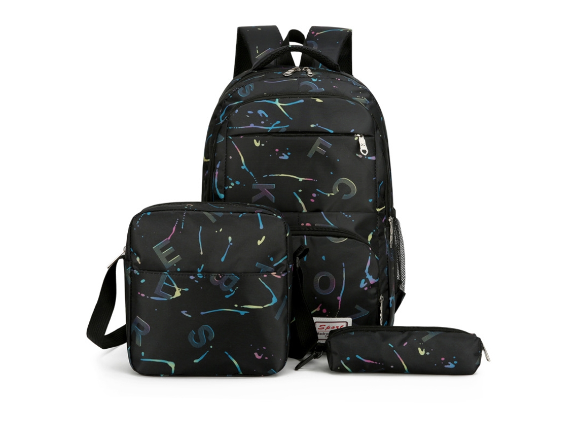 Mochila de tres piezas de gran capacidad, estampada, negra