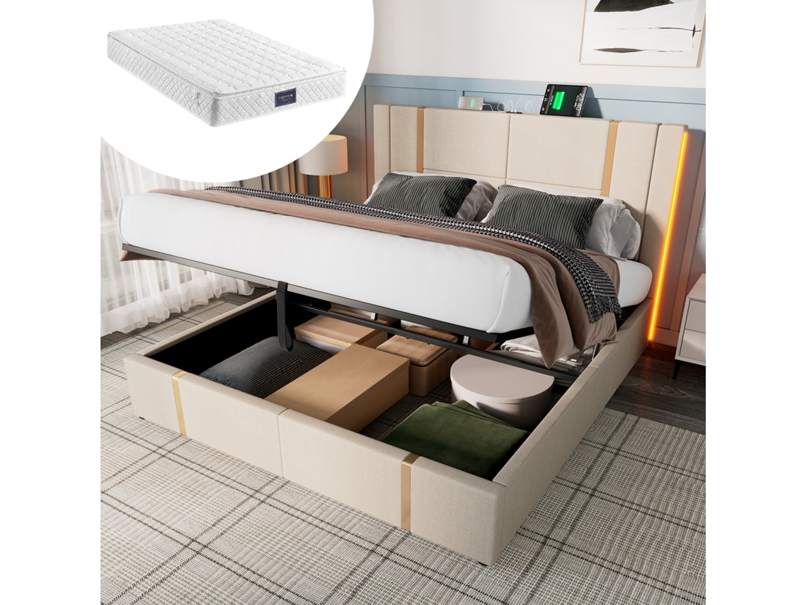 Cama tapizada de algodón beige de 160 x 200 cm con almacenaje, USB tipo C, control por app, LED Mobrio (con colchón)