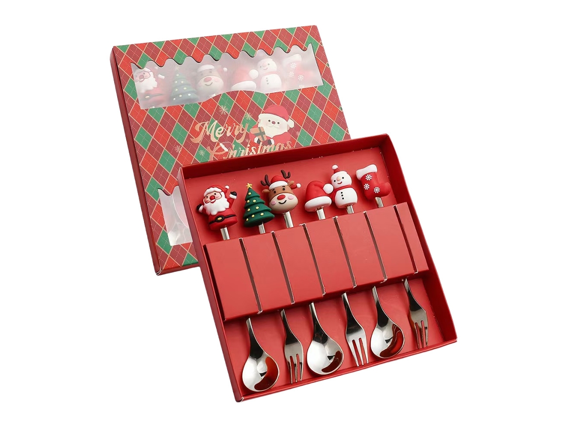Juego de cubiertos navideños de acero inoxidable, cuchara de café, tenedor, 6 piezas, plateado (a)