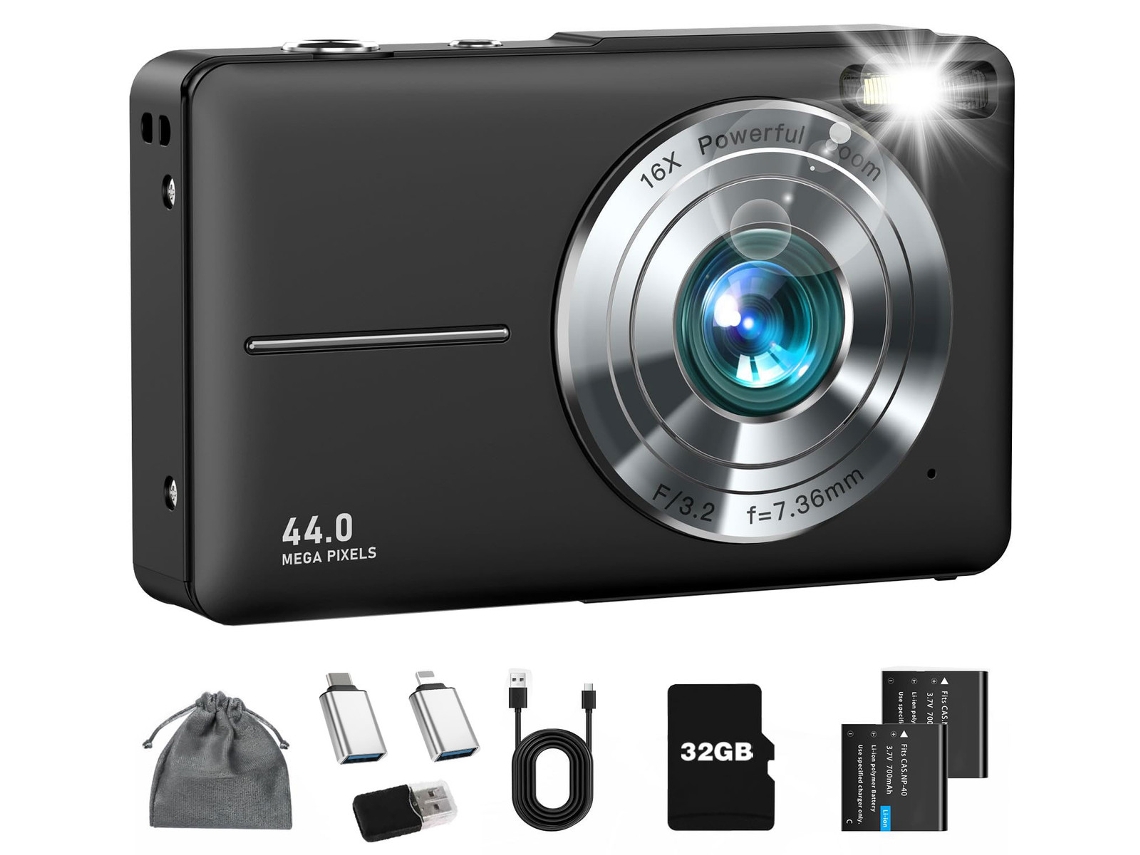 Cámara Digital Compacta Szsmart Dc403, Pantalla Hd De 2,4 Pulgadas, 44 Mp, Zoom 16x, Para Niños (2 Cables Otg, 2 Baterías, 32 Gb) - Negra