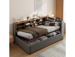 Cama De Terciopelo Gris Oscuro De 90x200 Cm Con Cabecero Hidráulico, Iluminación Led Y Conexión Usb C, Además De Espacio De Almacenamiento.