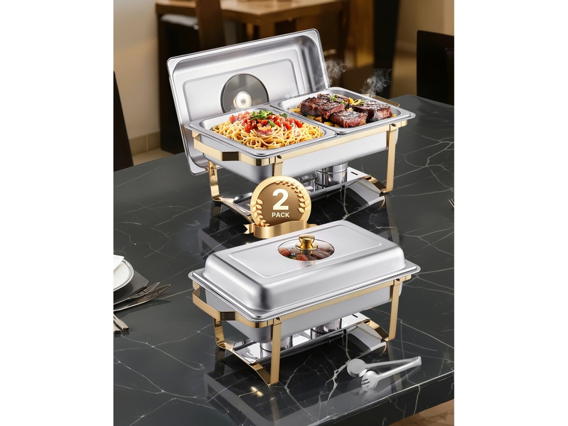 Juego de chafing dishes de acero inoxidable dorados para buffets y eventos Tekmaquinas