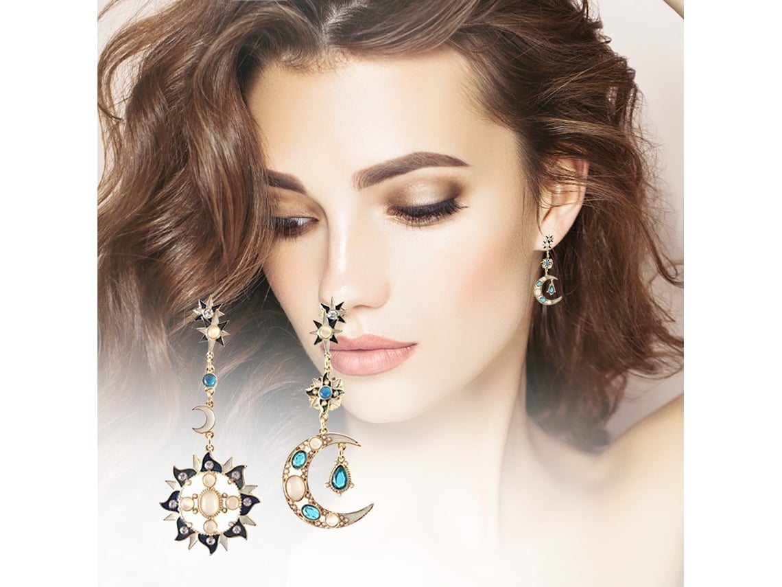 Pendientes Asimétricos De Lujo Con Forma De Sol Y Luna Para Mujer, Engastados Con Ópalos Y Diamantes, Venta Al Por Mayor.
