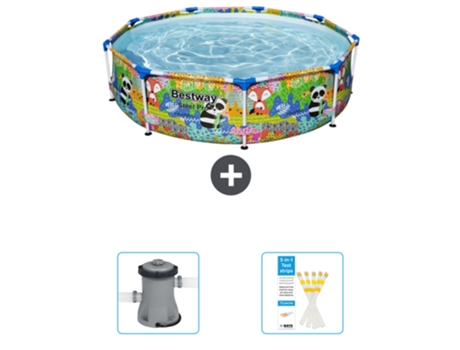 Piscina BESTWAY Round Steel Pro - 274 x 66 cm - Animal print - Incluida Bomba - Tiras de prueba