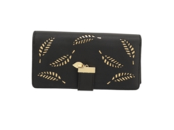 Cartera larga para mujer, de gran capacidad, de piel sintética, con estampado de hojas huecas, para dinero, tarjetas, monedas, color negro.