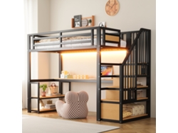 Cama Alta De Metal De 90x200 Mm, Portalámparas Led, Escalera, Mesa De Almacenamiento, Rejilla Negra