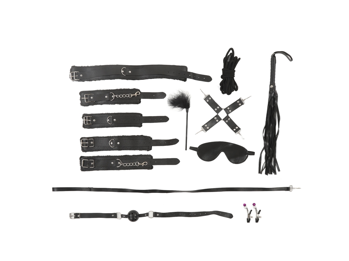 Set De Restricciones Bdsm Con Esposas Y Boquilla De Goma Pu Negro 10pcs