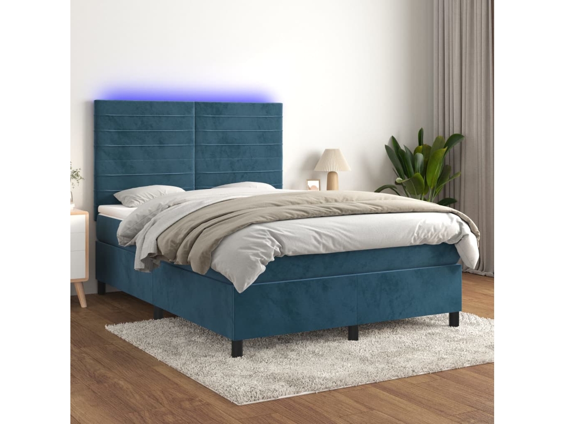 Cama Box Spring Colchón Y Led Terciopelo Azul Oscuro 140x200 Cm