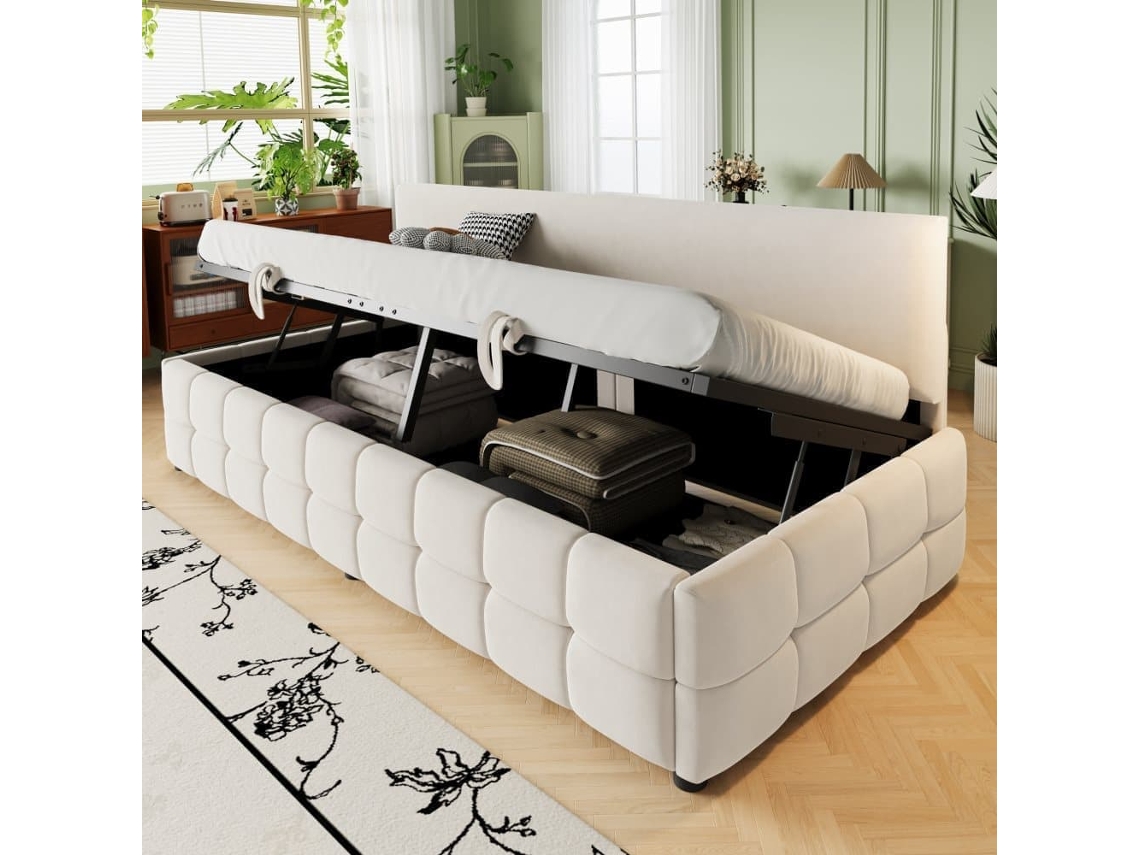 Cama Individual 90x200 Cm - Con Almacenamiento Hidráulico, Sin Reposabrazos, Con Patrón De Cuadros, Beige