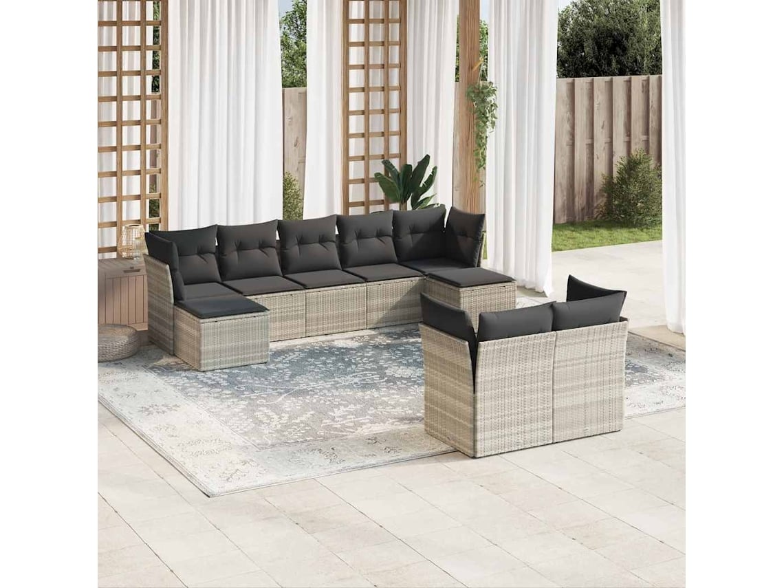Conjunto de sofá de jardín de 9 piezas con cojines en mimbre gris claro, Dkd Home Decor