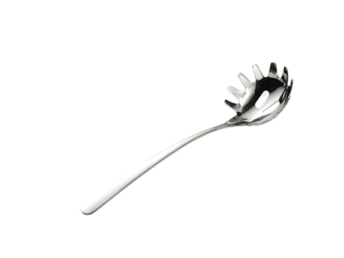 Cucharón para espaguetis de acero inoxidable, espátula para pasta con agarre cómodo y contorneado, manejo seguro y diseño moldeado de una sola pieza.
