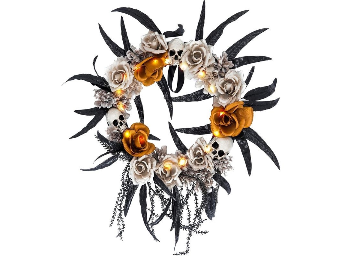 Decoración De Halloween Con Luces, Corona De Calavera, Adorno De Flores Artificiales Y Plumas Para La Puerta Principal.