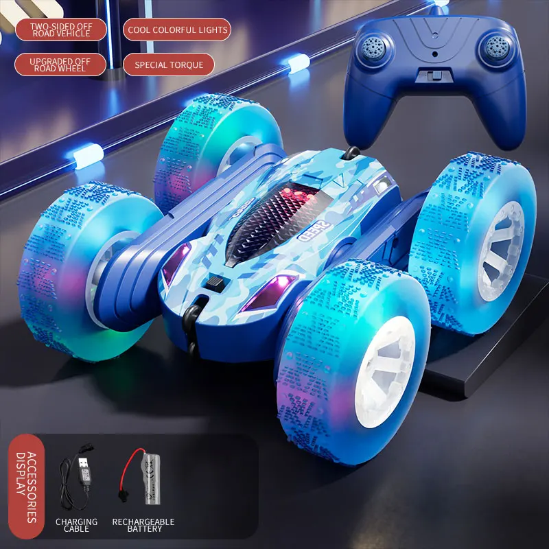 (azul) Coche Acrobático Teledirigido, Con Giro De Doble Cara, Coche De Derrape Y Luces.