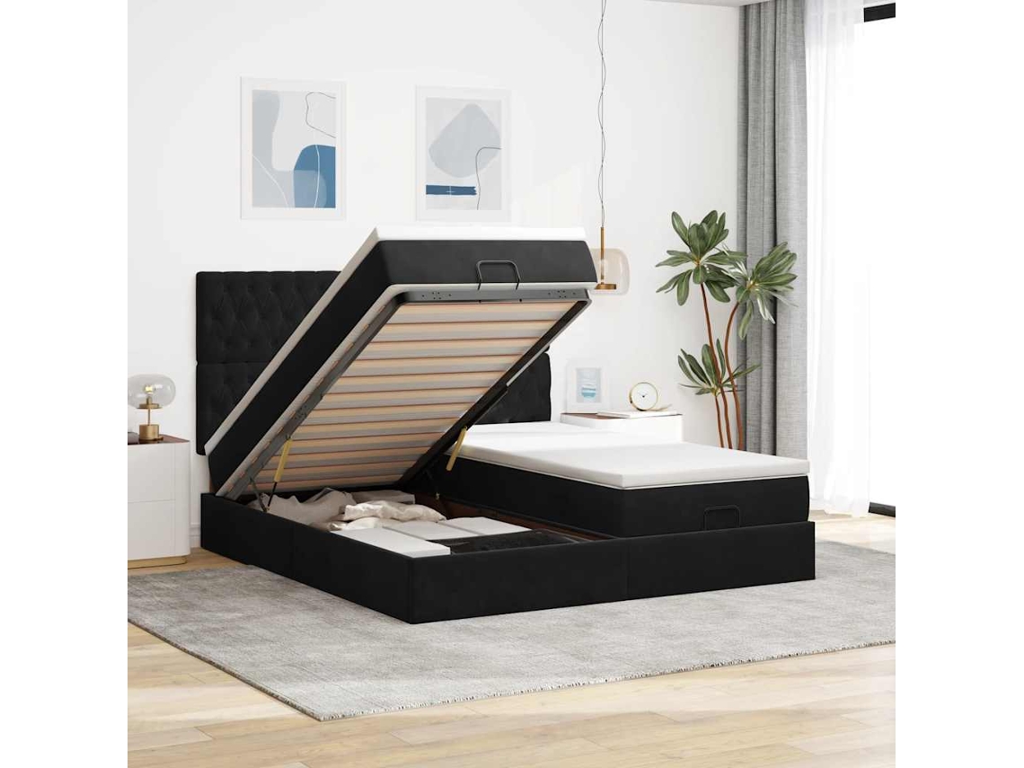 Estructura De Cama Otomana Colchones Terciopelo Negra 160x200cm