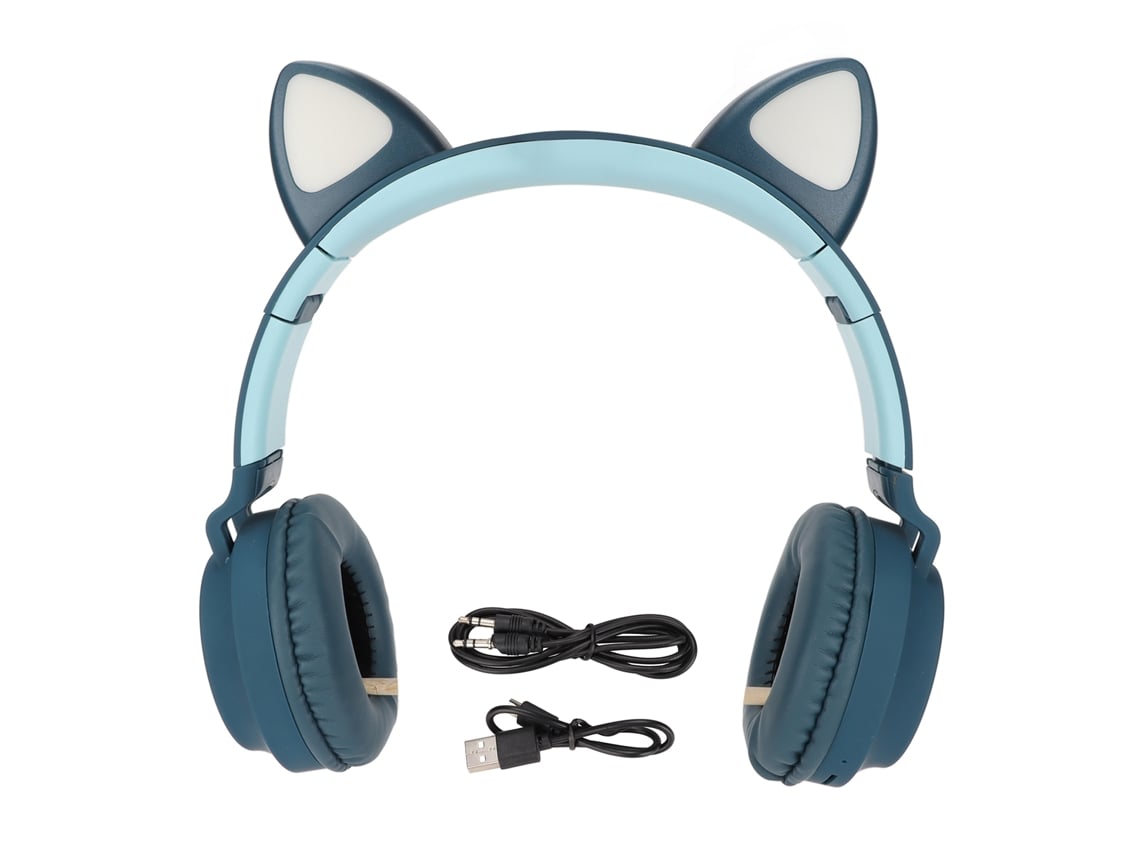 Fones De Ouvido Gamer Com Orelhas De Gato Cute Bass Profundo Luz Led Plegáveis Azul Verde