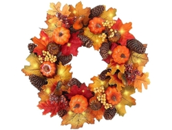 Corona Otoñal Con Luces Led De 40 Cm, Hojas De Arce Y Calabaza Para Puerta Principal, Ideal Para Halloween, Navidad Y Acción De Gracias.