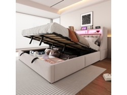 Cama De Terciopelo Beige De 180x200 Cm Con Cabecero Hidráulico Plegable Led Y Toma De Corriente.