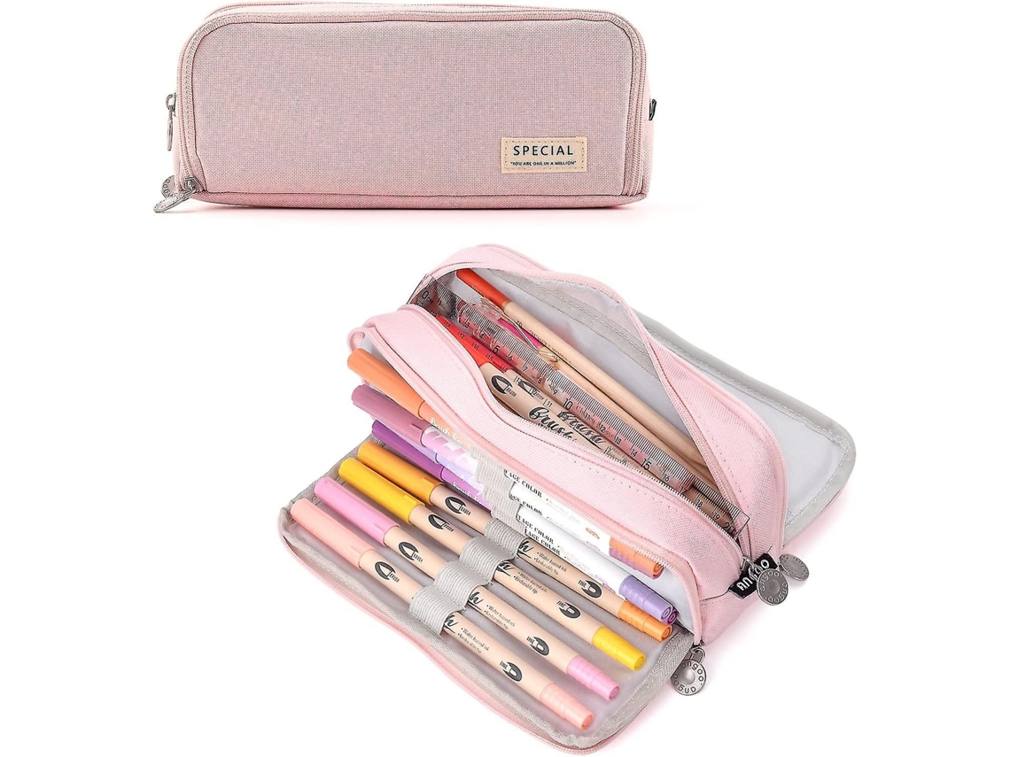 Estuche escolar para niñas y niños, grande con 3 compartimentos, color pastel, para mujer y hombre, Chennnls (rosa)