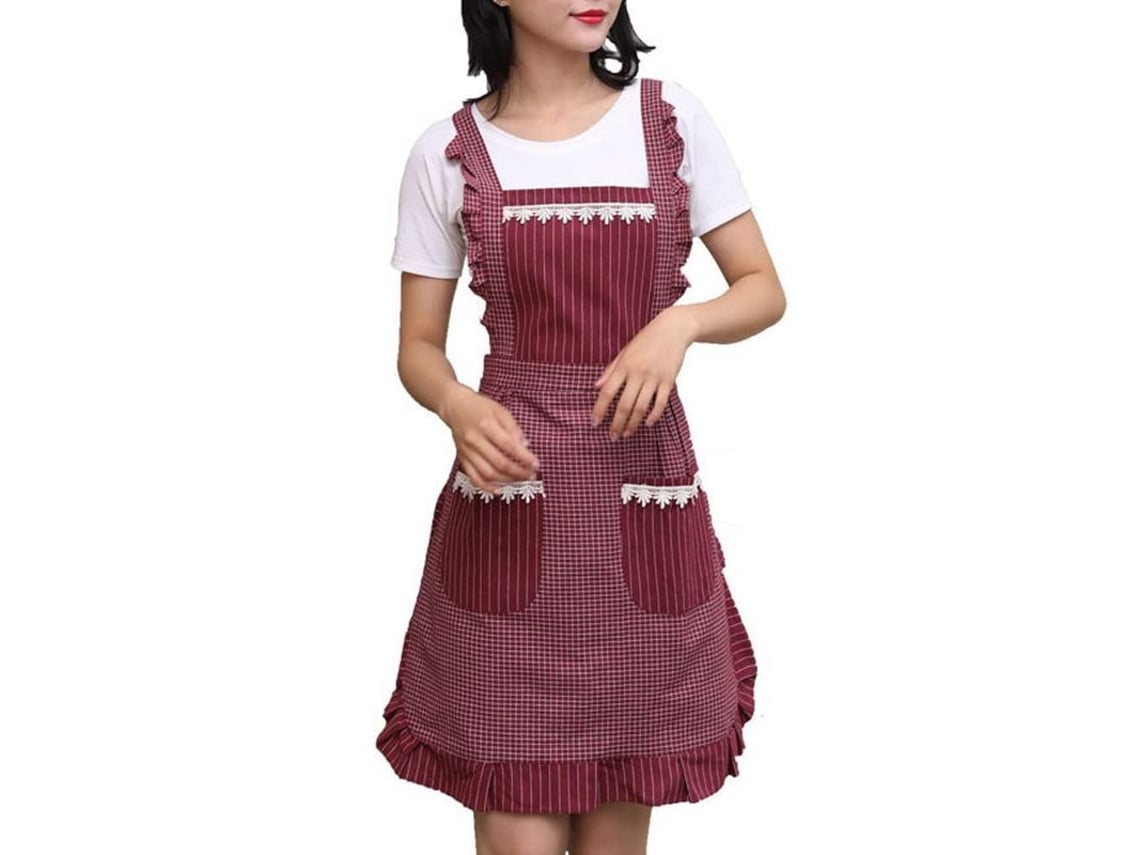 2026-33013-delantal Para Mujer Con Bolsillos, Confortable De Algodón, Rojo, Ideal Para Cocina Y Jardinería