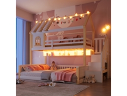 Litera 90x200cm+140x200cm - Con Led, Diseño De Casa Con Ventana, Estantes Abiertos, Escalera De Almacenamiento, Sin Colchón - Blanco+natural